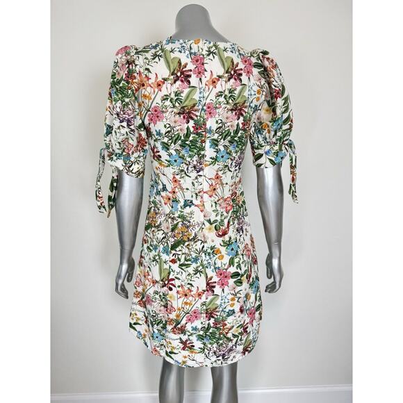 Dainty Floral Mini Dress linen floral Botanical Print Puff Sleeve 4 XS - Picture 7 of 16